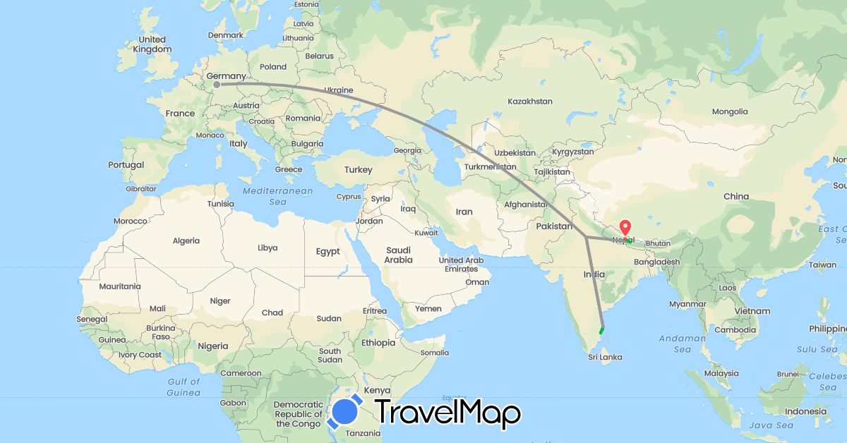 TravelMap itinerary: driving, bus, plane, hiking in Germany, India, Nepal (Asia, Europe)